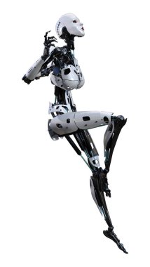 Beyaz arka planda izole edilmiş bir kadın robotun 3 boyutlu canlandırması