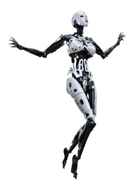 Beyaz arka planda izole edilmiş bir kadın robotun 3 boyutlu canlandırması
