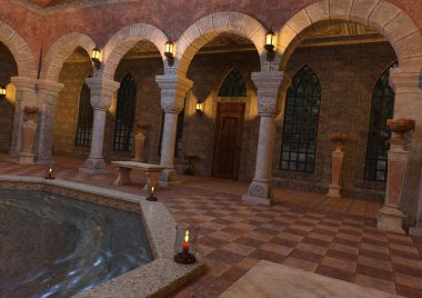 havuzlu bir masal kalesi 3D render