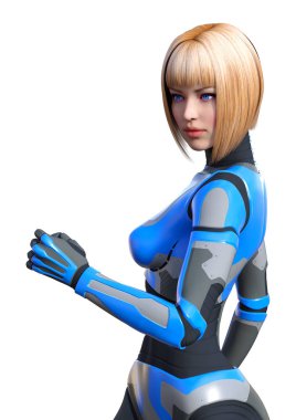 Beyaz arka planda izole edilmiş bir kadın robotun 3 boyutlu canlandırması