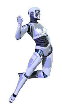 Beyaz arka planda izole edilmiş bir kadın robotun 3 boyutlu canlandırması