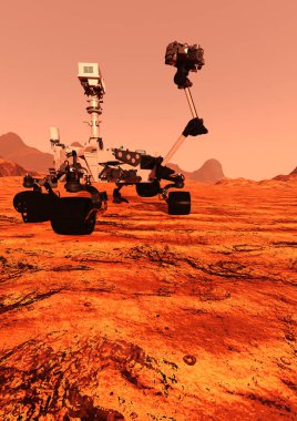Mars rover uzay aracı Kızıl gezegen manzara arka plan üzerinde 3D render