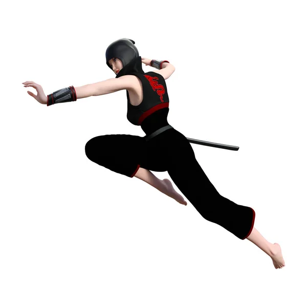 Rendering Kvinnlig Ninja Isolerad Vit Bakgrund — Stockfoto