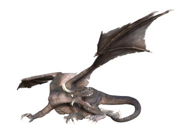 Beyaz arka planda izole edilmiş bir fantezi ejderhanın 3 boyutlu canlandırması