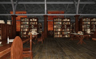 Eski bir fantastik Kütüphane 3D render
