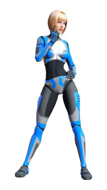 Beyaz arka planda izole edilmiş bir kadın robotun 3 boyutlu canlandırması