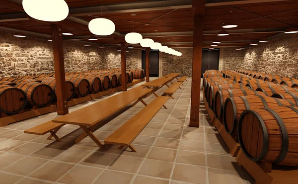 Rendering Von Weinfässern Einem Keller Zur Weinlagerung — Stockfoto