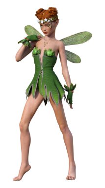 Beyaz arkaplanda izole edilmiş bir bahar perisinin 3 boyutlu canlandırması