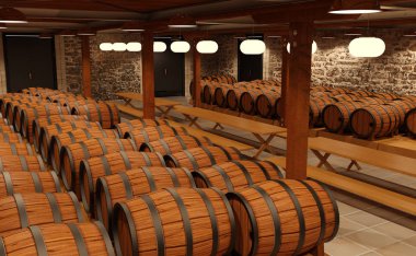 bir mahzeni şarap depolama için 3D render şaraphane varil yerleştirilir
