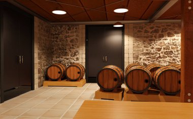 bir mahzeni şarap depolama için 3D render şaraphane varil yerleştirilir