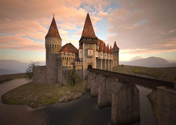 Renderização Castelo Medieval Fundo Céu Por Sol — Fotografia de Stock