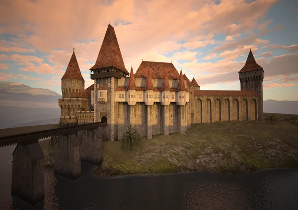 Renderização Castelo Medieval Fundo Céu Por Sol — Fotografia de Stock