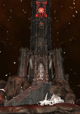 gece gökyüzü arka plan üzerinde bir fantezi siyah kulenin 3D render