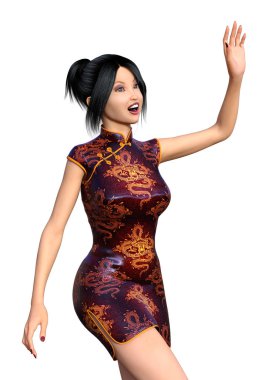 3D render bir kırmızı geleneksel bir güzel Asyalı kız Giysi izole üzerinde beyaz arka plan