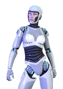 Beyaz arka planda izole edilmiş bir kadın robotun 3 boyutlu canlandırması