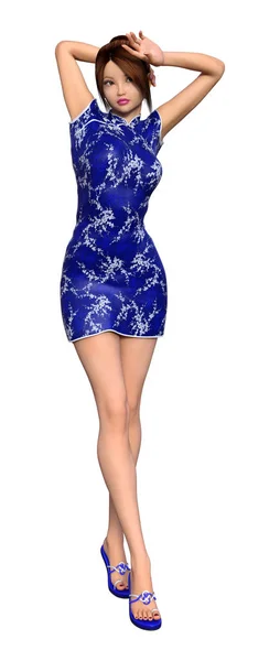 Darstellung Eines Hübschen Asiatischen Mädchens Einem Blauen Traditionellen Kleid Isoliert — Stockfoto