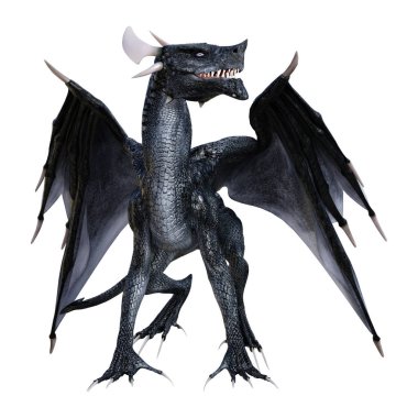 Beyaz arka plan üzerinde izole bir siyah fantezi ejderha 3D render