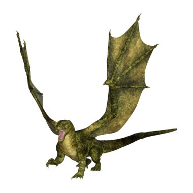 Beyaz arka plan üzerinde izole bir yeşil fantezi ejderha 3D render