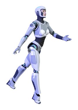 Beyaz arka planda izole edilmiş bir kadın robotun 3 boyutlu canlandırması