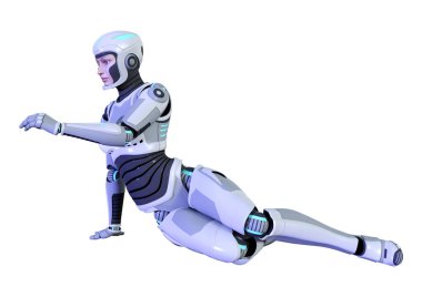 Beyaz arka planda izole edilmiş bir kadın robotun 3 boyutlu canlandırması