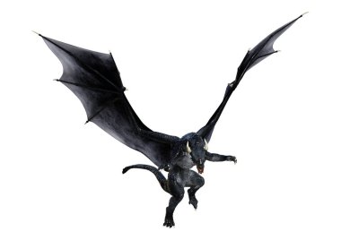 Beyaz arka plan üzerinde izole bir siyah fantezi ejderha 3D render