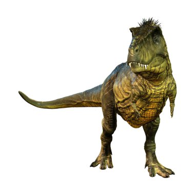 Beyaz zemin üzerinde izole edilmiş bir dinozor Tyrannosaurus Rex 'in 3D görüntüsü