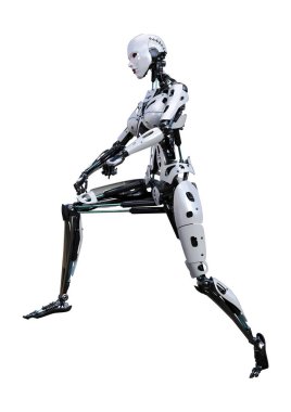 Beyaz arka planda izole edilmiş bir kadın robotun 3 boyutlu canlandırması