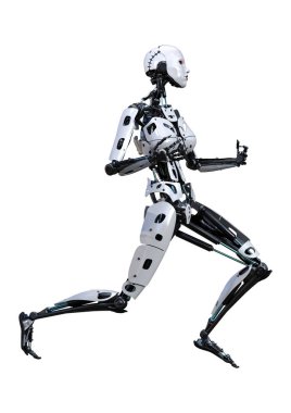 Beyaz arka planda izole edilmiş bir kadın robotun 3 boyutlu canlandırması