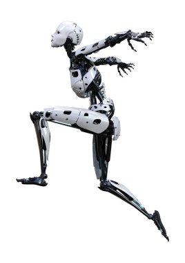 Beyaz arka planda izole edilmiş bir kadın robotun 3 boyutlu canlandırması