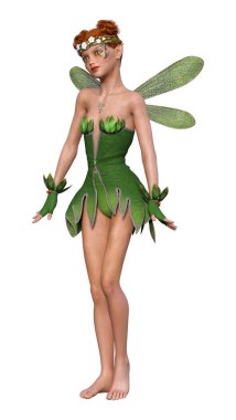 Beyaz arkaplanda izole edilmiş bir bahar perisinin 3 boyutlu canlandırması