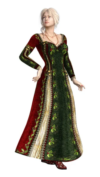 bir güzel peri masalı Prenses 3D render kırmızı bir elbise üzerinde izole beyaz arka plan