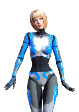 Beyaz arka planda izole edilmiş bir kadın robotun 3 boyutlu canlandırması