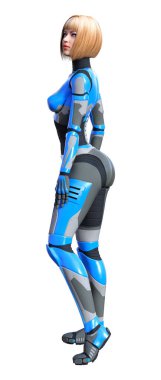 Beyaz arka planda izole edilmiş bir kadın robotun 3 boyutlu canlandırması