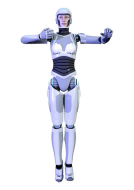 Beyaz arka planda izole edilmiş bir kadın robotun 3 boyutlu canlandırması