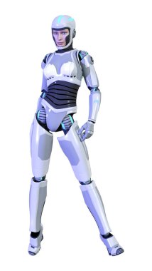 Beyaz arka planda izole edilmiş bir kadın robotun 3 boyutlu canlandırması