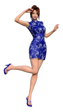 3D render mavi geleneksel bir güzel Asyalı kız Giysi izole üzerinde beyaz arka plan