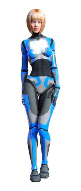 Beyaz arka planda izole edilmiş bir kadın robotun 3 boyutlu canlandırması