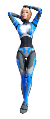 Beyaz arka planda izole edilmiş bir kadın robotun 3 boyutlu canlandırması