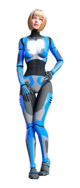 Beyaz arka planda izole edilmiş bir kadın robotun 3 boyutlu canlandırması