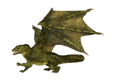 Beyaz arka planda izole edilmiş bir fantezi ejderhanın 3 boyutlu canlandırması