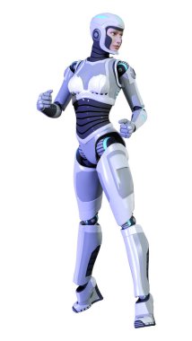 Beyaz arka planda izole edilmiş bir kadın robotun 3 boyutlu canlandırması