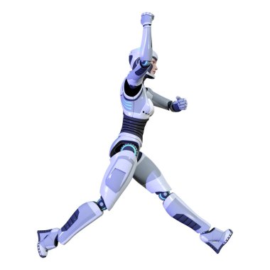 Beyaz arka planda izole edilmiş bir kadın robotun 3 boyutlu canlandırması