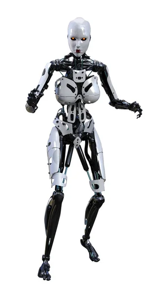 基于白色背景隔离的女性机器人3D渲染 — 图库照片