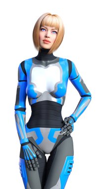 Beyaz arka planda izole edilmiş bir kadın robotun 3 boyutlu canlandırması