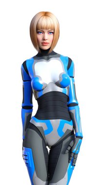 Beyaz arka planda izole edilmiş bir kadın robotun 3 boyutlu canlandırması