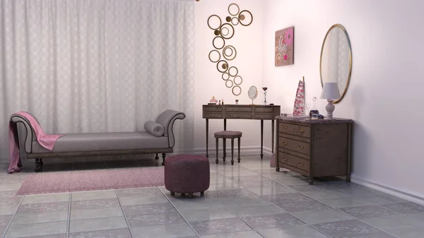 Vizualizace Interiéru Návrháře Růžový Dámský Obývacího Pokoje — Stock fotografie
