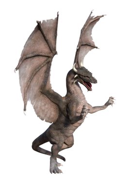 Beyaz arka planda izole edilmiş bir fantezi ejderhanın 3 boyutlu canlandırması