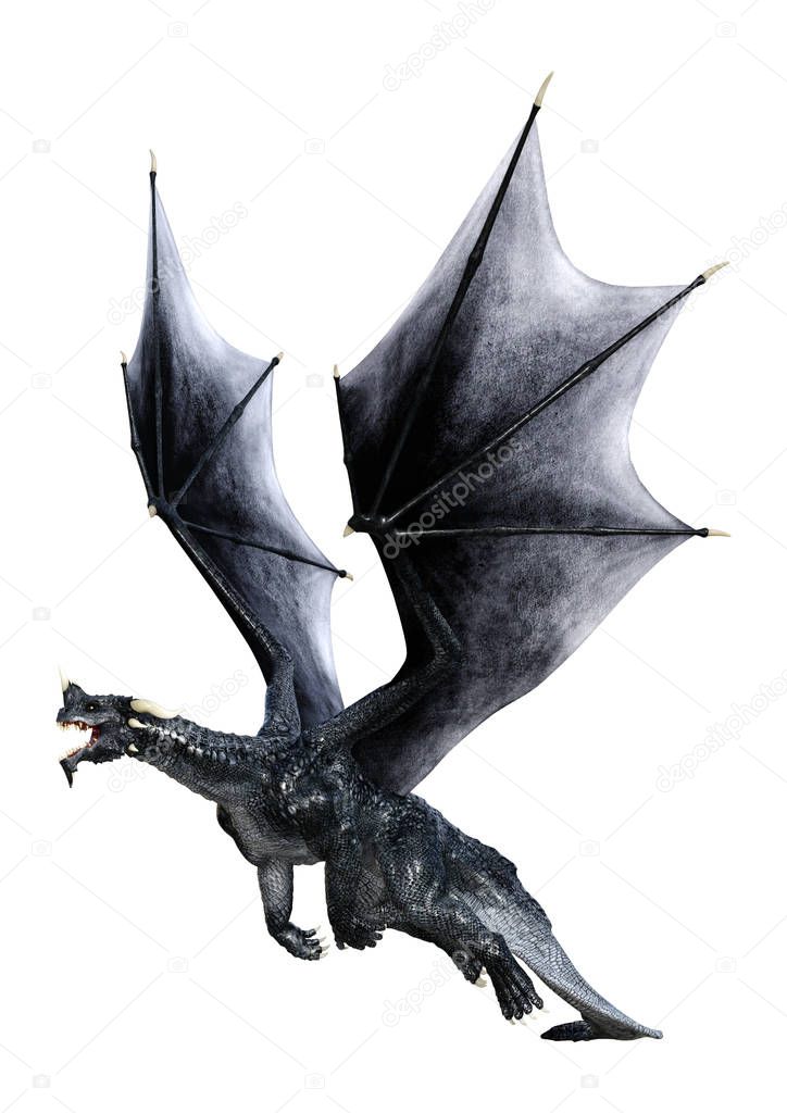 3D rendering of a black fantasy dragon isolated on white background