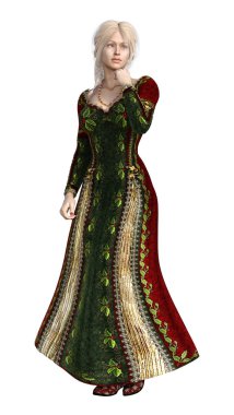 bir güzel peri masalı Prenses 3D render kırmızı bir elbise üzerinde izole beyaz arka plan