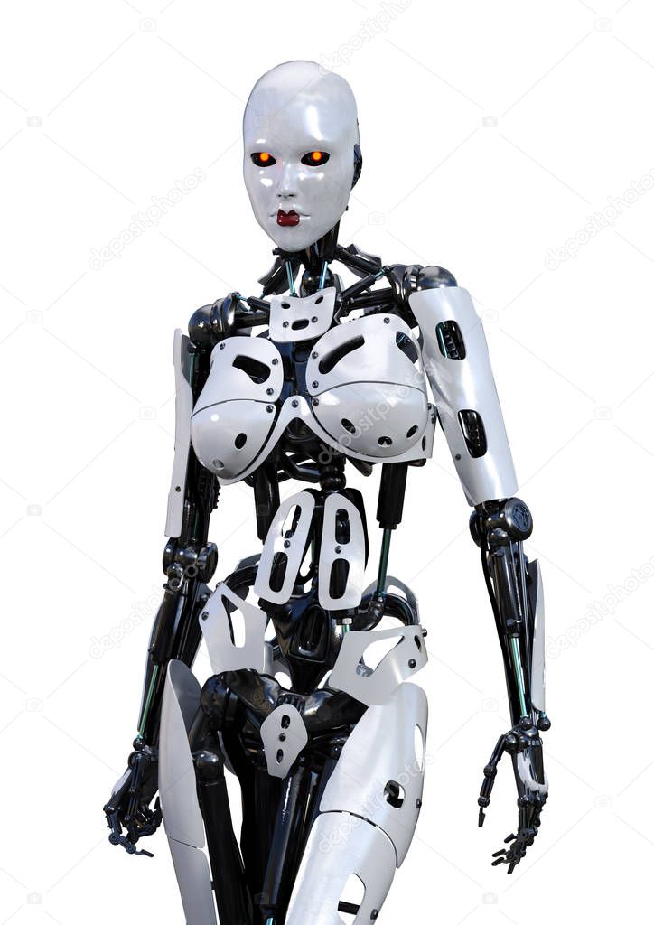 3D Rendering Female Robot on White